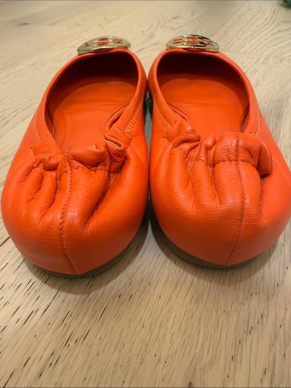 Tory Burch Bright Orange Leather Logo Ballet Flats